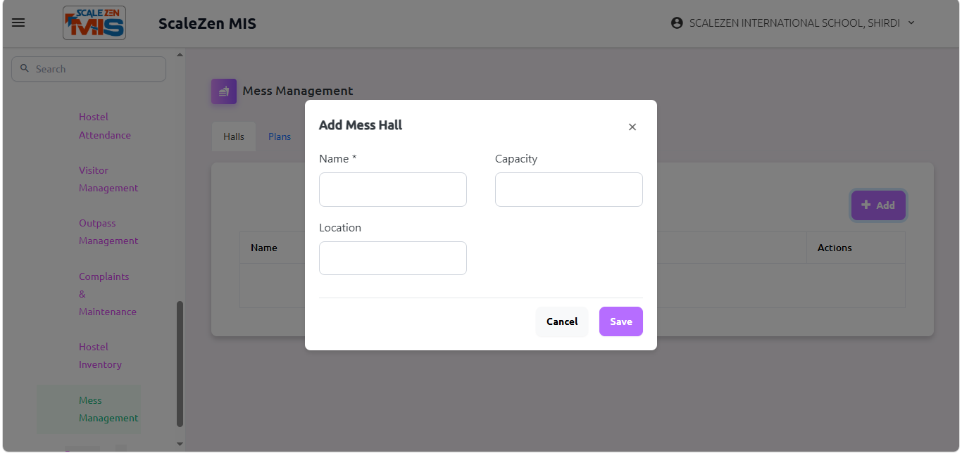 Mess Management Screen